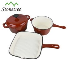 3 Piece Enamel Cast Iron cookware set casserole grill sauce pan